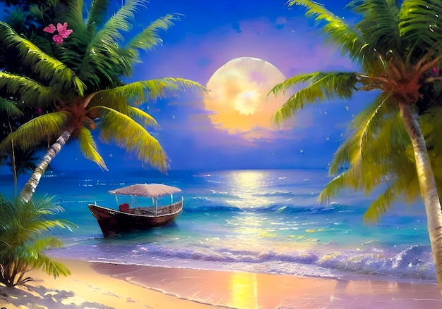Una pintura de una playa con un barco en primer plano y una luna en el fondo.