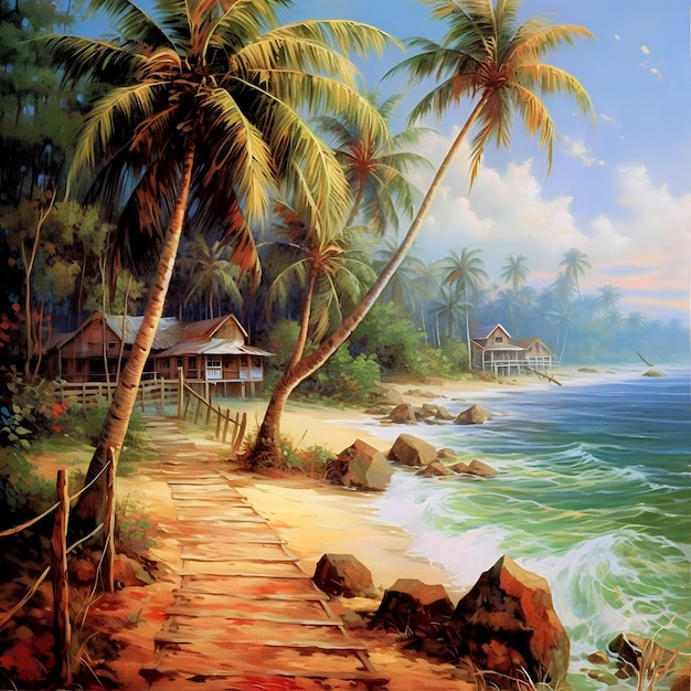 Una pintura de una playa con una casa en el lado derecho.