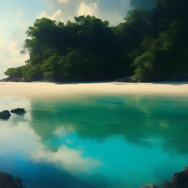 Una pintura de una playa con un cielo azul y árboles en primer plano.