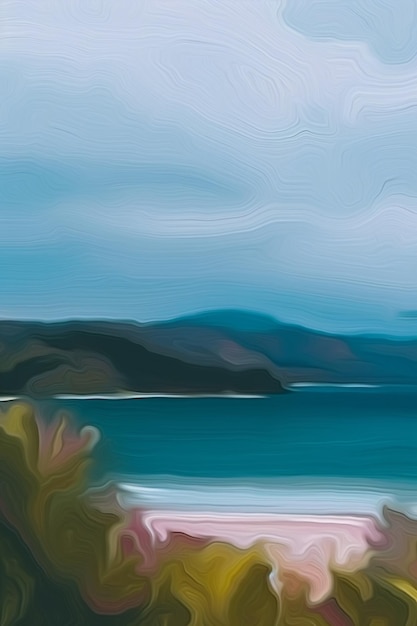 Una pintura de una playa con un cielo azul y montañas al fondo.