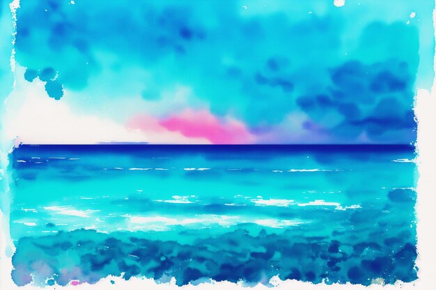 Una pintura de una playa con un cielo azul y nubes.