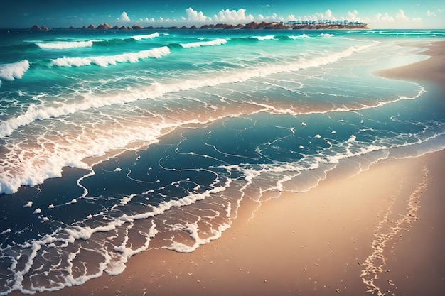 Una pintura de una playa con un cielo azul y olas