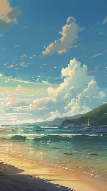 Una pintura de una playa con un cielo nublado y un velero en el horizonte.