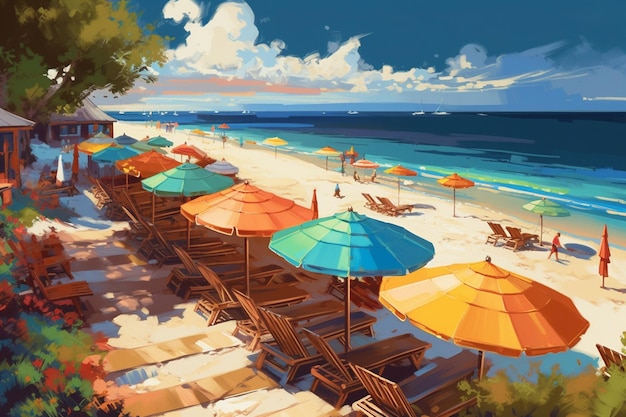 Una pintura de una playa con coloridas sombrillas y sillas.