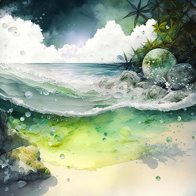 Una pintura de una playa con una escena de mar y una escena de mar verde.