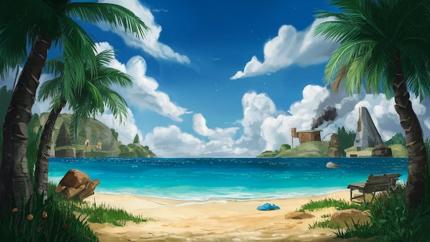 una pintura de una playa con una escena de playa y el océano