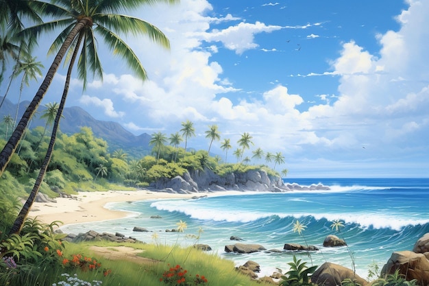 Una pintura de una playa con una escena de playa y una playa con un escenario de playa en el fondo