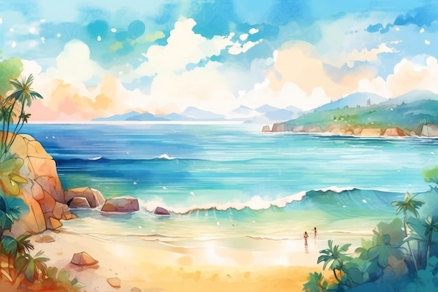 Una pintura de una playa con una escena de playa.