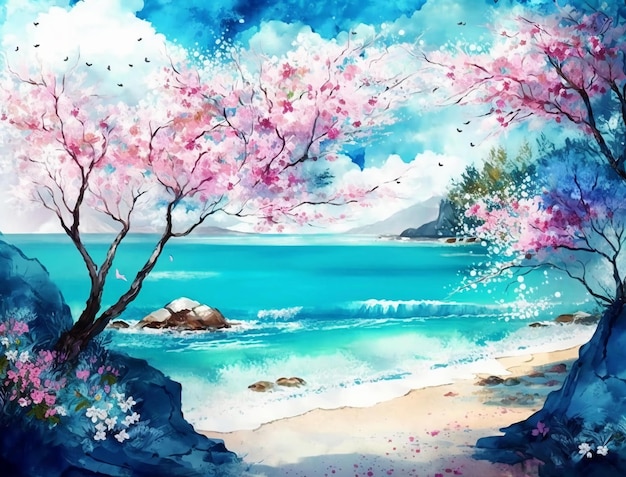 Una pintura de una playa con flores de cerezo rosas.