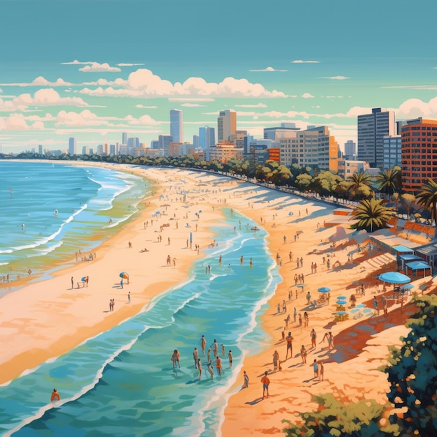 Pintura de una playa con gente caminando y nadando en el agua generativa ai