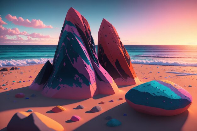 Una pintura de una playa con una gran roca en la arena.