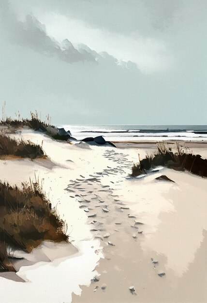 Una pintura de una playa con huellas en la arena.