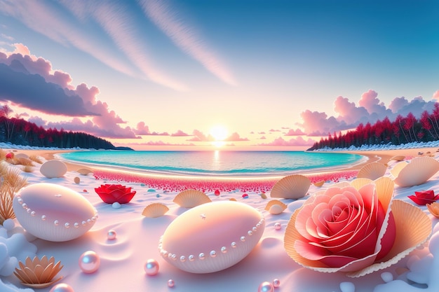 Una pintura de una playa con huevos y rosas.