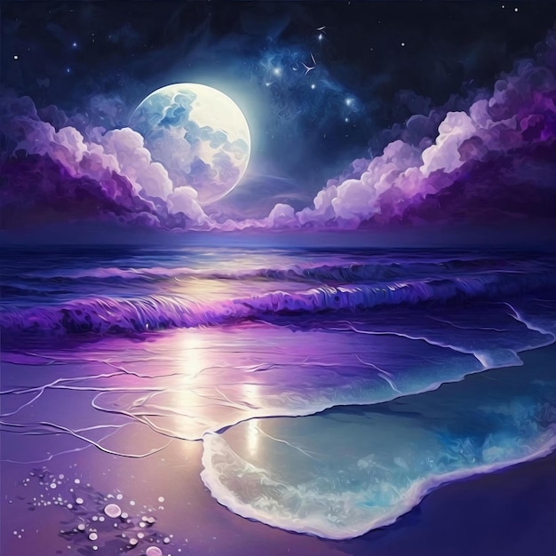 Una pintura de una playa con luna y estrellas.