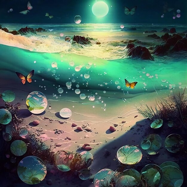 Una pintura de una playa con luna y mariposas.