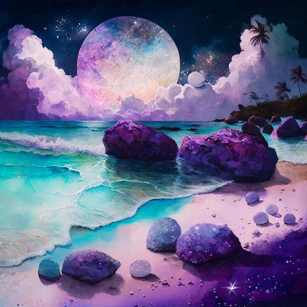 Una pintura de una playa con luna y nubes.