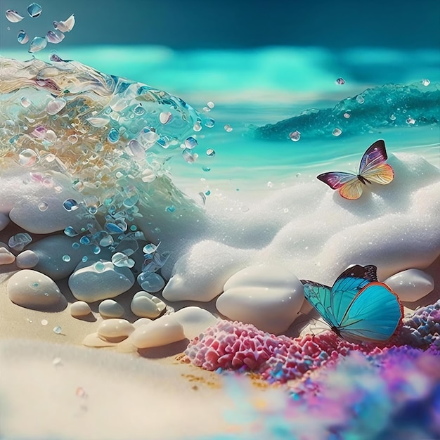 Una pintura de una playa con mariposas y burbujas.
