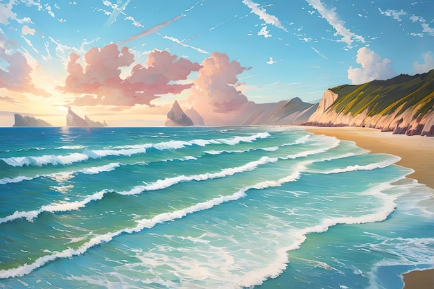 Una pintura de una playa con una montaña al fondo.