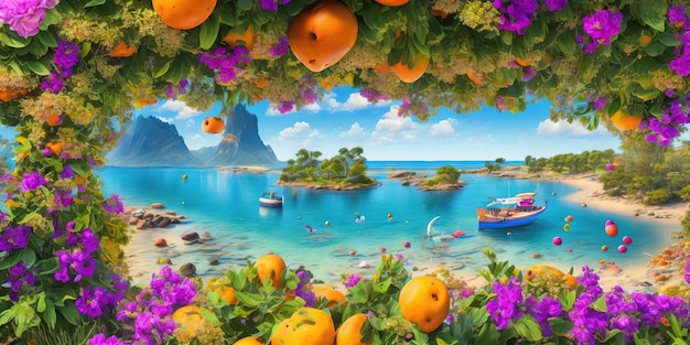 Una pintura de una playa con naranjas y un bote en el agua.