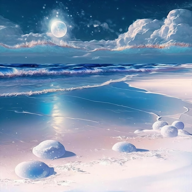 Una pintura de una playa con nieve y la luna.