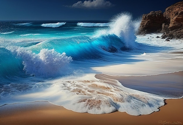 Una pintura de una playa con una ola azul rompiendo en ella.