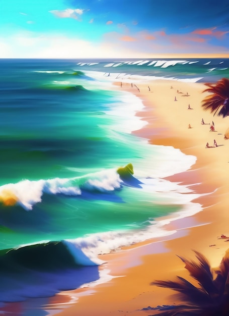 Una pintura de una playa con olas rompiendo en ella