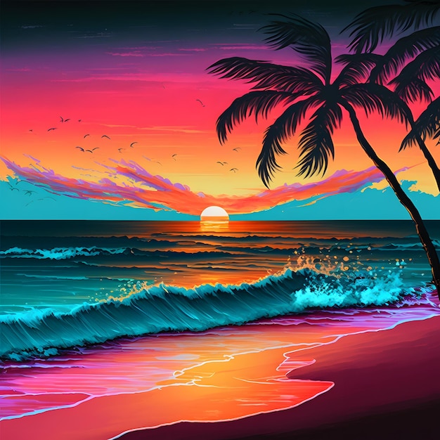 Una pintura de una playa con una palmera en la playa.