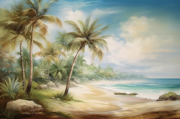 Una pintura de una playa con palmeras y el cielo es azul.