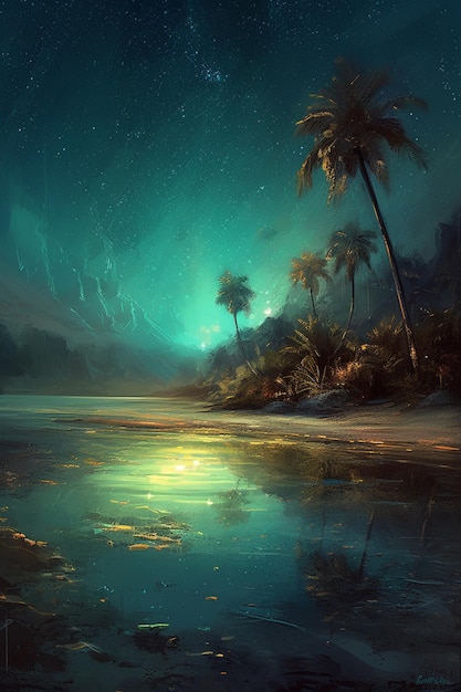 Una pintura de una playa con palmeras y un cielo estrellado.