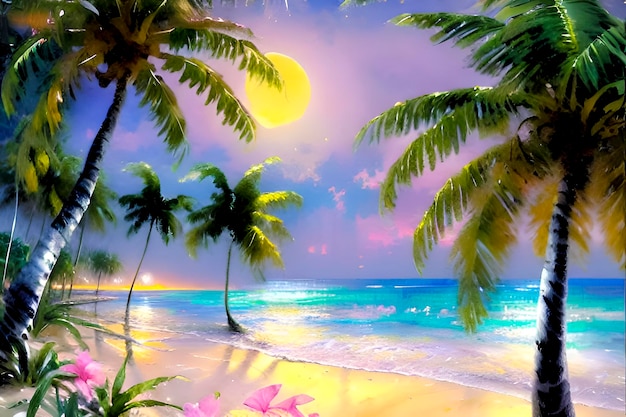 Una pintura de una playa con palmeras y flores.