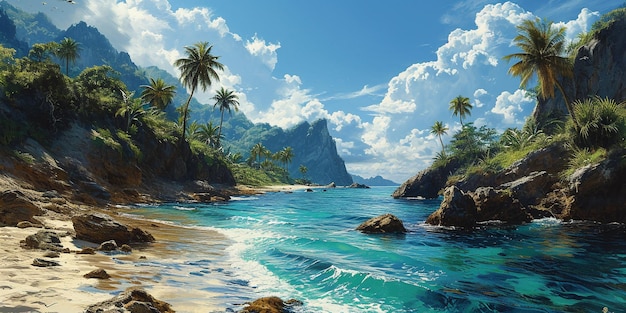 una pintura de una playa con palmeras y el océano en el fondo