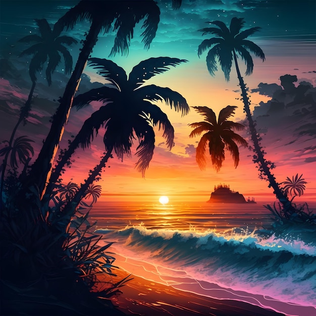 Una pintura de una playa con palmeras y la puesta de sol.