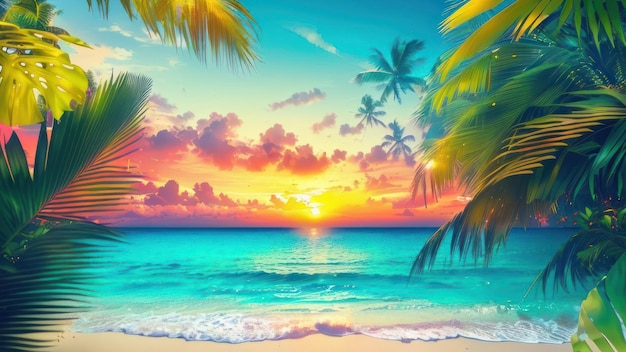 Una pintura de una playa con palmeras y el sol brillando en el horizonte.