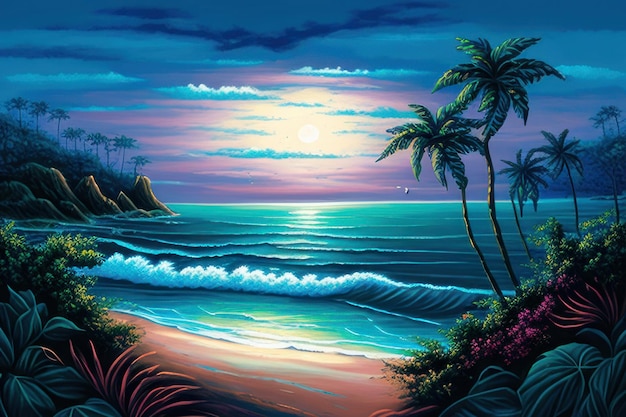 Una pintura de una playa con palmeras y el sol brillando sobre ella.