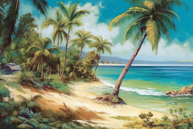 Una pintura de una playa con palmeras.