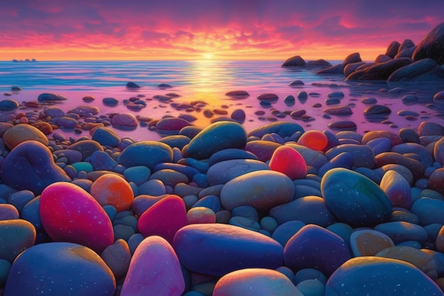 Una pintura de una playa con piedras de colores.