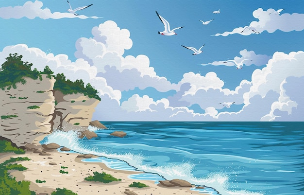una pintura de una playa con una playa y gaviotas volando por encima de ella
