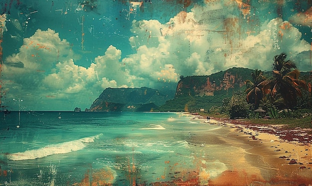 una pintura de una playa con una playa y montañas en el fondo