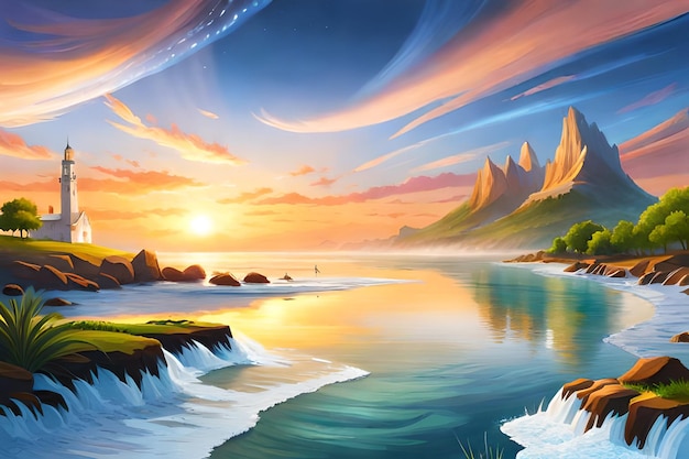 Una pintura de una playa con una puesta de sol y una cascada.