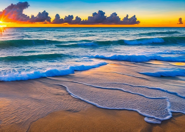 Una pintura de una playa con la puesta de sol detrás de ella.