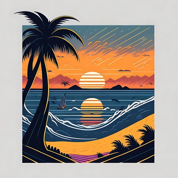 Una pintura de una playa con una puesta de sol en el fondo