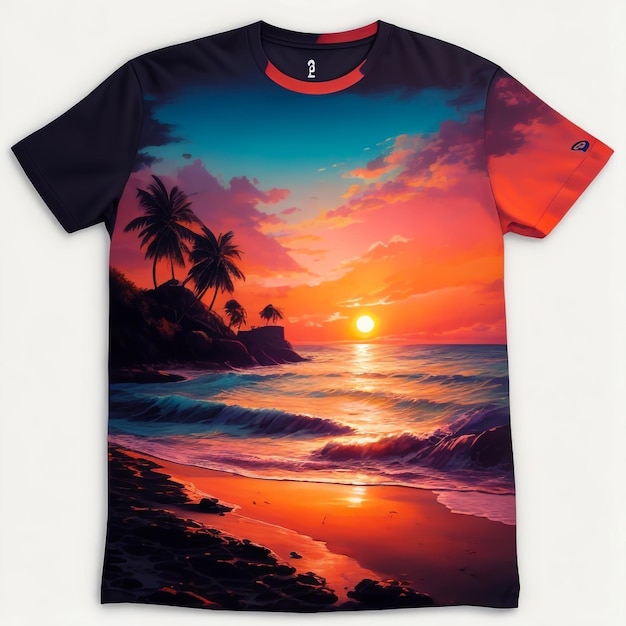 pintura de una playa con una puesta de sol impresa en una camiseta