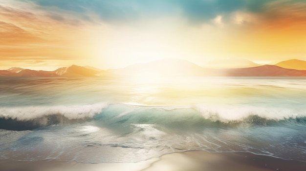 Una pintura de una playa con una puesta de sol y montañas al fondo.