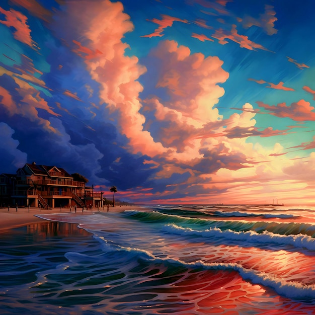 Una pintura de una playa con una puesta de sol y nubes.