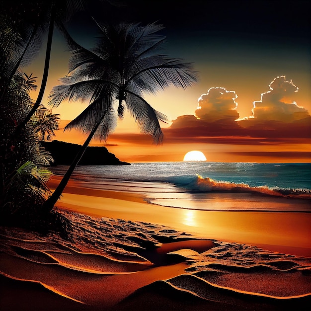 Una pintura de una playa con una puesta de sol y palmeras.