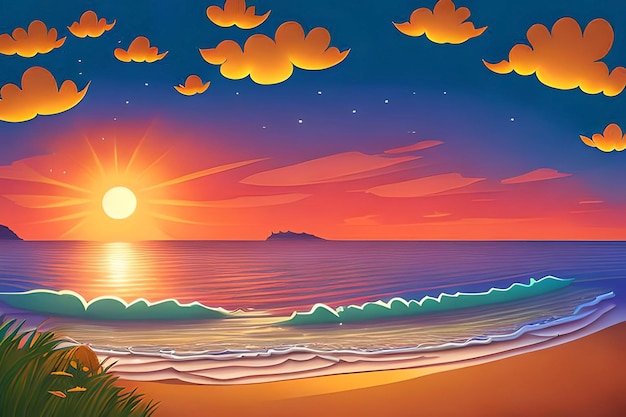 Una pintura de una playa con una puesta de sol y la puesta de sol sobre ella.