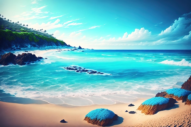 Una pintura de una playa con rocas