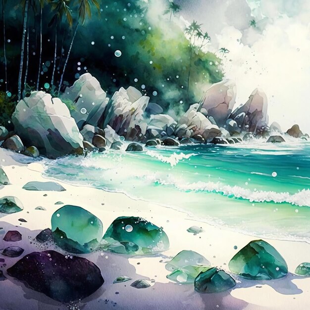 Una pintura de una playa con rocas