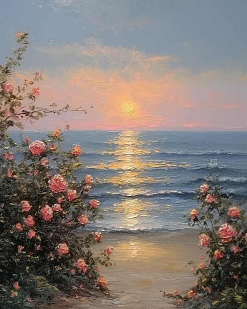 Foto una pintura de una playa con rosas