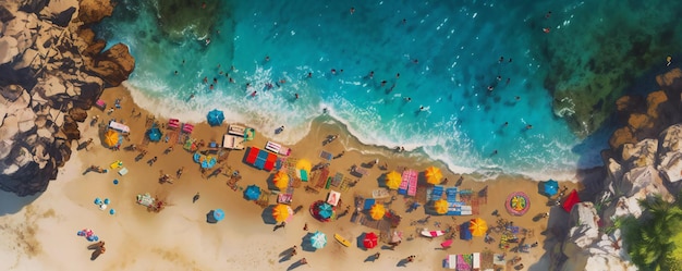 Una pintura de una playa con sombrillas y gente nadando en el agua.